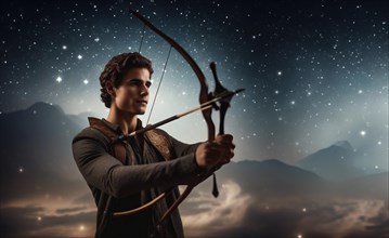Young man Sagittarius according to the zodiac sign with a bow in his hands with dark hair and green