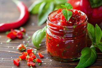 Fresh basil leaves emphasise the homemade character of the freshly made pepper jam, KI generated,