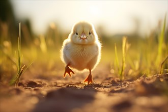 Cute fluffy yellow chick outdoors in grass, AI generated