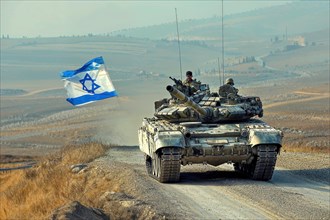 A tank with an Israeli flag drives through a hilly desert landscape under a clear sky, AI