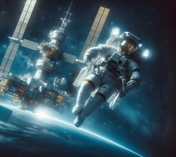 Science fiction, Space travel, An astronaut in a spacesuit floats in zero gravity in space, Space,