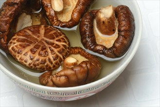 Dried shiitake mushrooms in a bowl, soaked in water