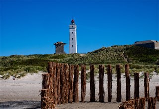 The Blavand lighthouse, seen from the beach, West Jutland, Denmark, Europe