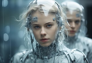 A female figure with a futuristic headset looks seriously against a blurred background with another
