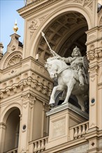 Schwerin Castle, front facade with equestrian statue of Prince Niklot in war armour with spear and