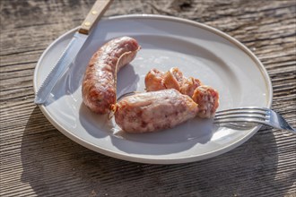 A Plate with Luganighe Sausage with Fork and Knife on a Wood Table with Sunlight in Lugano, Ticino,
