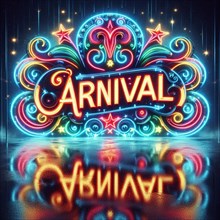 Retro neon sign for 'Carnival' with its vibrant reflection on a wet surface ai generated, AI