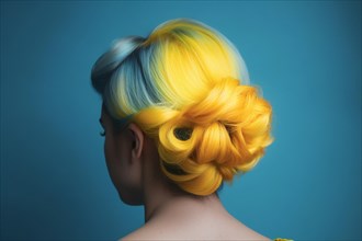 Back view of woman with blue and yellow hair. KI generiert, generiert AI generated