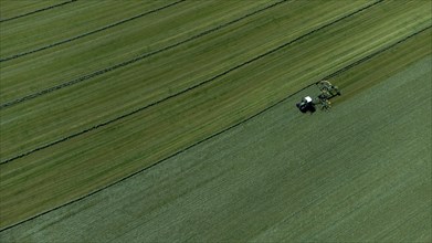 Farmer cutting grass to straight rows with tractor and large roundabout rake, drone shot, Upper