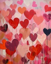 A vibrant abstract painting featuring various shades of red and pink hearts against a soft textured