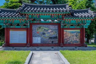 Tiled roof information board for Hongjueupseong walled town in South Korea