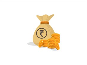 Money bag with the Indian Rupee symbol alongside gold coins, representing wealth and finance