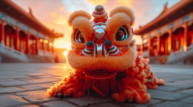 Lion dance costume at dawn with a traditional temple in the background, AI generated