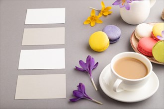 Gray and white business card mockup with spring snowdrop crocus flowers, cup of coffee,