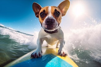 Dog on surfboard in ocean. KI generiert, generiert AI generated