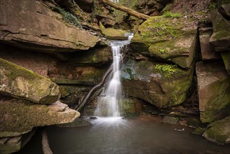 Forest landscape, a stream flows with a waterfall over coloured sandstone in the