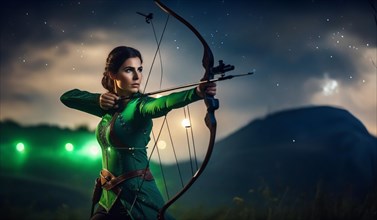 Young woman Sagittarius zodiac sign with dark hair and green eyes against the background of the