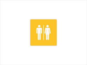 A unisex restroom sign with male and female symbols on a yellow background