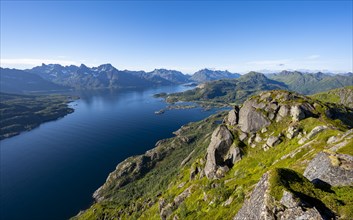 View of Fjord Raftsund and mountains, view from the top of Dronningsvarden or Stortinden,