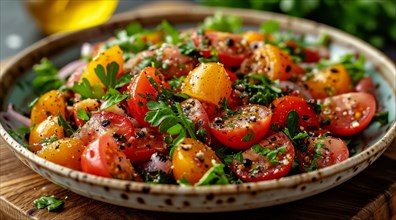 Close-up of Mediterranean fresh tomato salad with parsley and sesame seed garnish in a ceramic