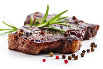 Roasted steak with rosemary and colourful peppercorns on a white background, AI generated, AI