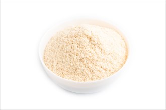 Powdered milk and buckwheat baby food mix, infant formula isolated on white background. Top view,