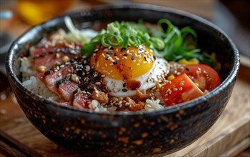 Korean bibimbap with a sunny-side-up egg, meat, and vegetables in a stone bowl, AI generated