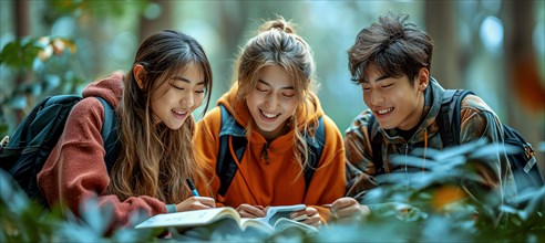 Students sharing a laugh while studying together outdoors among green plants, AI generated