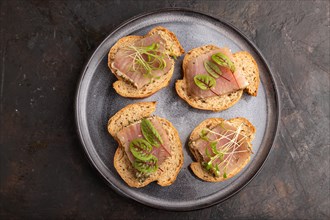 Bread sandwiches with jerky salted meat, sorrel and cilantro microgreen on black concrete