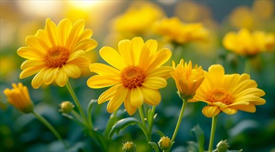 Vibrant yellow Angelita daisies flowers basking in the golden light with a bokeh backdrop, AI