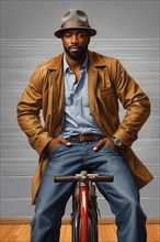 Portrair of 40s stylish african american man with a hat standing confidently sit on a bike, over a