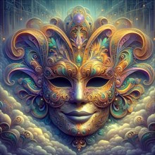 An ornate hand crafted venetian fantasy mask suspended in ethereal blue clouds, with golden