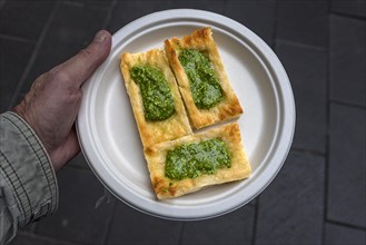 Fresh Genoese basil pesto with pastries on a plate, Genoa, Italy, Europe
