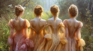 Four women in opulent dresses standing side-by-side, facing a sunlit forest, AI generated