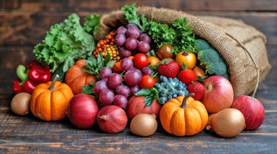 Autumn harvest of fruits and vegetables neatly arranged around a rustic basket on wood, AI