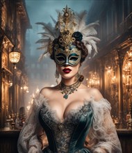 Woman in a grandiose masquerade costume and mask standing in a luxurious, baroque environment in