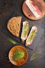 Bread sandwiches with jerky salted meat and lard with onion microgreen on black concrete background
