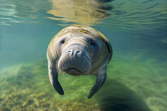 A manatee or west indian manatee (Trichechus manatus) swims leisurely in clear blue-green water, AI