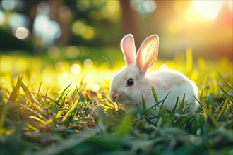 Bunny with large, attentive ears, basking in the golden hour sunlight amidst a lush green field, AI
