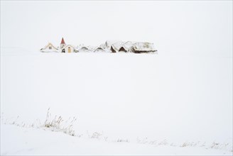 Grass sod houses, peat farm or peat museum Glaumbaer or Glaumbaer in winter, Skagafjoerour,
