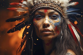 Portrait of a woman with Indian headdress, feathers and face painting in front of a warm