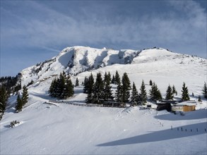 Winter mood, snow-covered landscape, snow-covered alpine peaks, view from the Schafbergalm to the