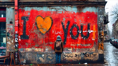 I Love You with a heart as a substitute for Love, with a red background was painted on a house