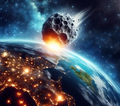 Cosmic catastrophe, environmental disaster caused by an asteroid hitting the earth, AI generated,