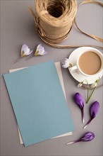 Blue paper sheet mockup with spring snowdrop crocus and galanthus flowers and cup of coffee on gray