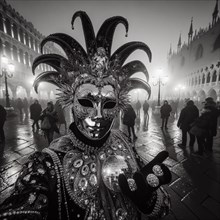 A person in a mysterious mask at the Venice carnival, captured in monochrome at night, street