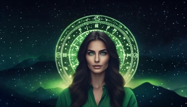 Young woman astrologer, tarot reader with dark hair and green eyes against the background of the