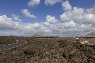 Road through lava fields, volcanic landscape, Lanzarote, Canary Islands, Canary Islands, Spain,