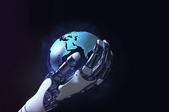 AI Android hand holding world globe, AI generated