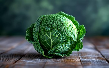 Close-up of a green cabbage head on a wooden surface highlighting its texture, AI generated